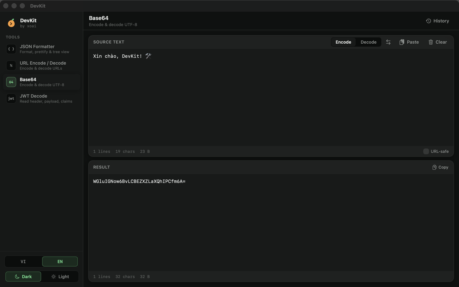 DevKit Base64 tool encoding UTF-8 text