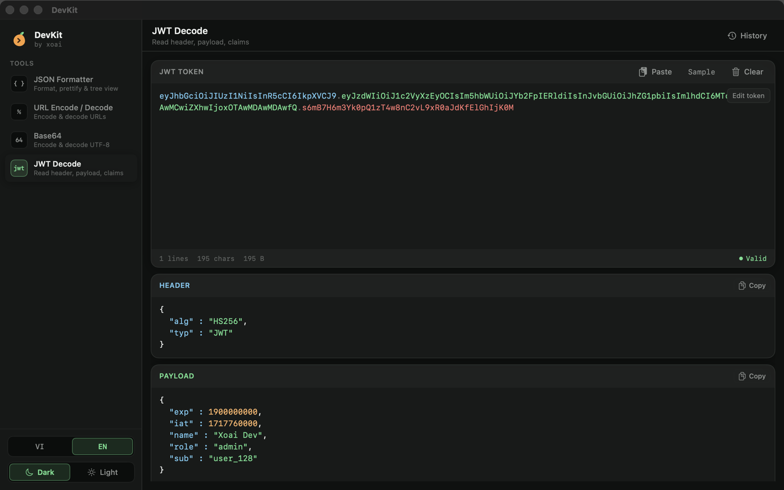 DevKit JWT decoder showing header, payload and signature