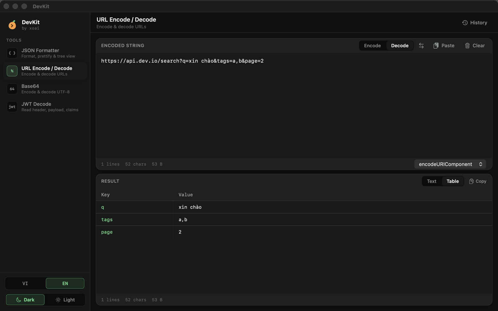 DevKit URL decoder showing query parameters as a key/value table